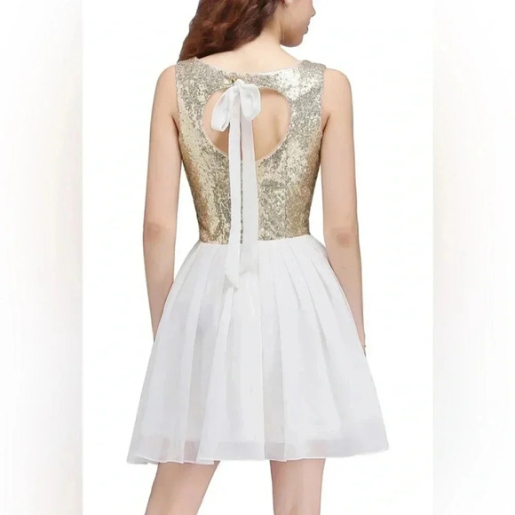 🆕B.Darlin A-Line Scoop Short Gold Sequin Ivory Dress 3/4🆕 - Picture 2 of 14